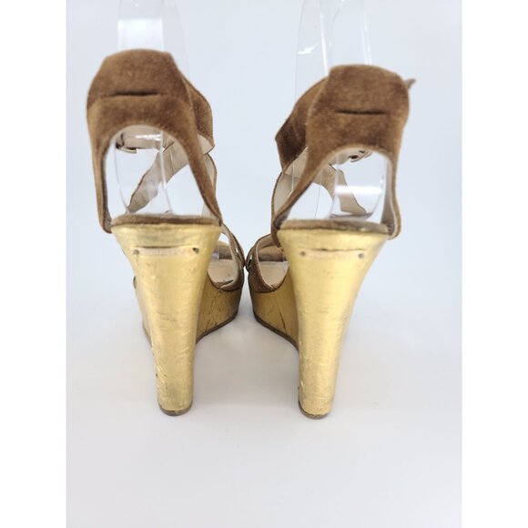 Jimmy Choo Brown Suede Gold Wedge Cork Multi-Strap Sandal Size 38 - Picture 6 of 7